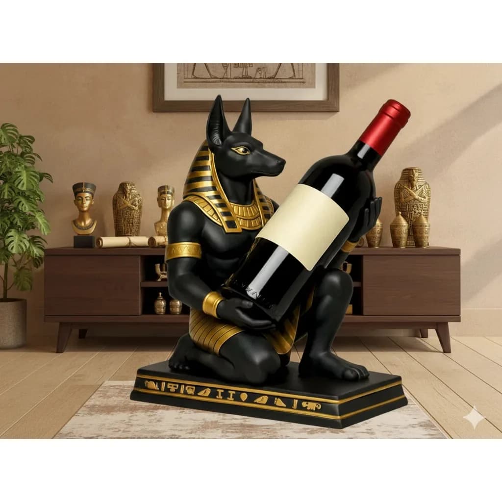 Suporte Porta Garrafa de Vinho Anúbis – Deus Egípcio Luxo